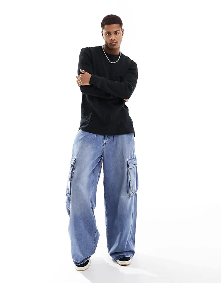 Cotton:On Cotton On Relaxed Long Sleeve T-shirt In Black Waffle For Men Washed Black Waffle 5 Cotton:On Cotton On Relaxed Long Sleeve T-shirt In Black Waffle For Men Washed Black Waffle - Image 3