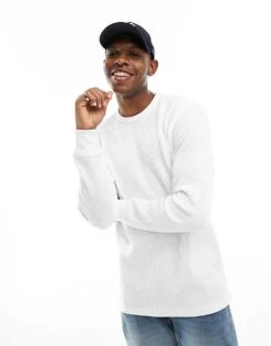 Cotton:On Cotton On Relaxed Long Sleeve T-shirt In White Waffle With Contrast Seam For Men