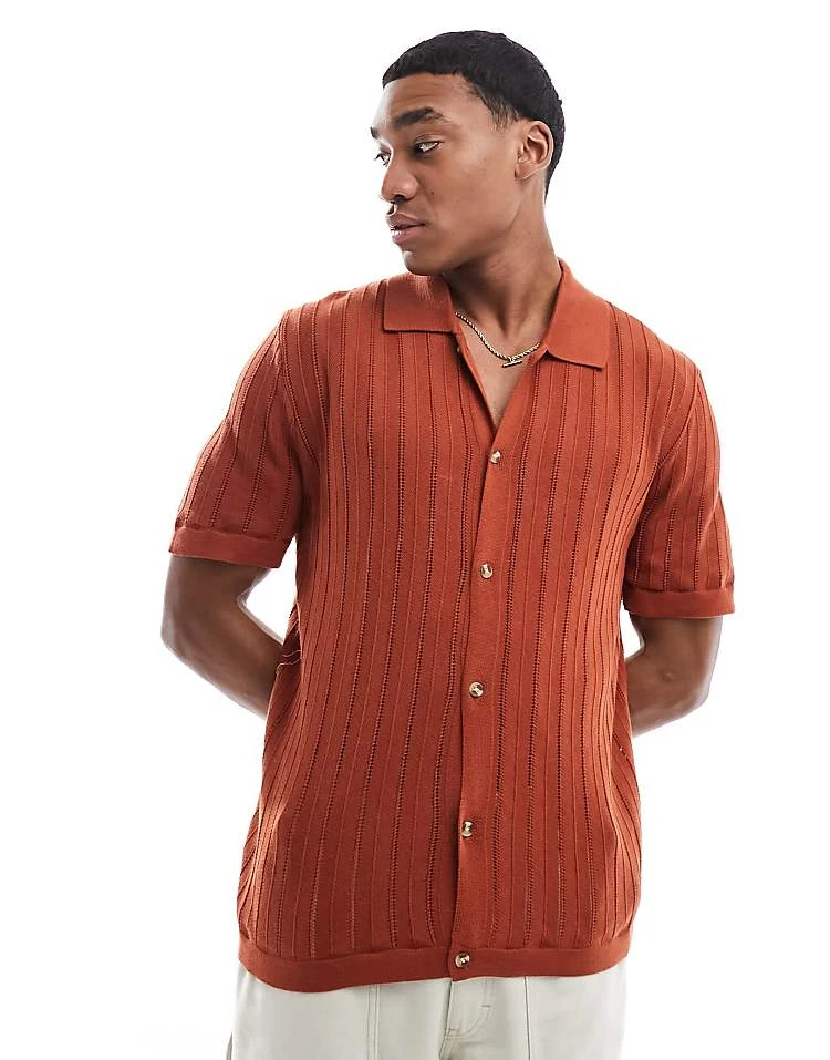 Cotton:On Cotton On Ladder Open Knit Shirt In Rust For Men Clay Ladder 4 Cotton:On Cotton On Ladder Open Knit Shirt In Rust For Men Clay Ladder - Image 2