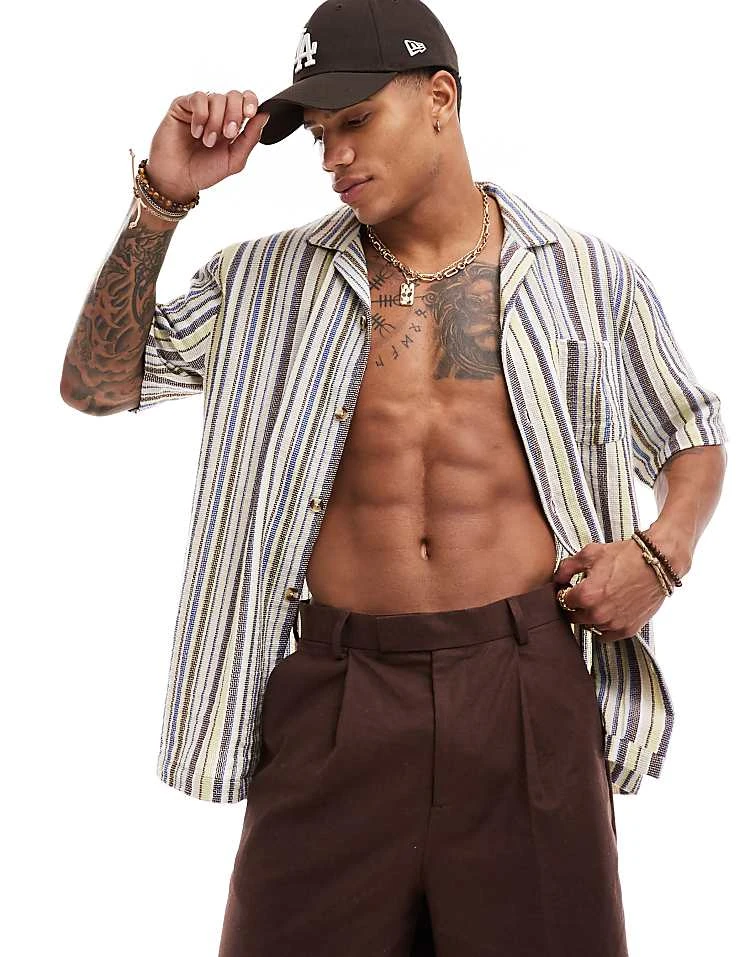 Cotton:On Cotton On Relaxed Shirt In Retro Gauze Stripe For Men Pale Lime Multi 7 Cotton:On Cotton On Relaxed Shirt In Retro Gauze Stripe For Men Pale Lime Multi - Image 5