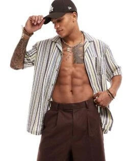 Cotton:On Cotton On Relaxed Shirt In Retro Gauze Stripe For Men Pale Lime Multi