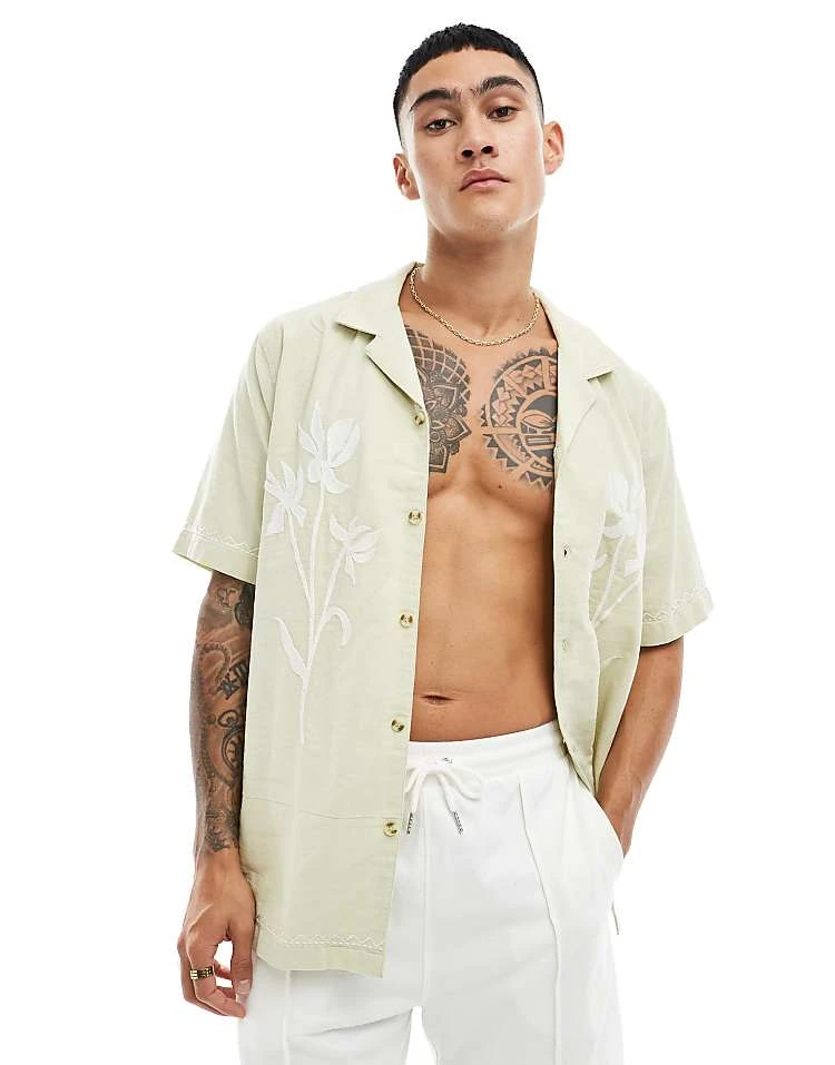 Cotton:On Cotton On Linen Blend Relaxed Shirt With Floral Embroidery For Men Faded Lime 3 Cotton:On Cotton On Linen Blend Relaxed Shirt With Floral Embroidery For Men Faded Lime
