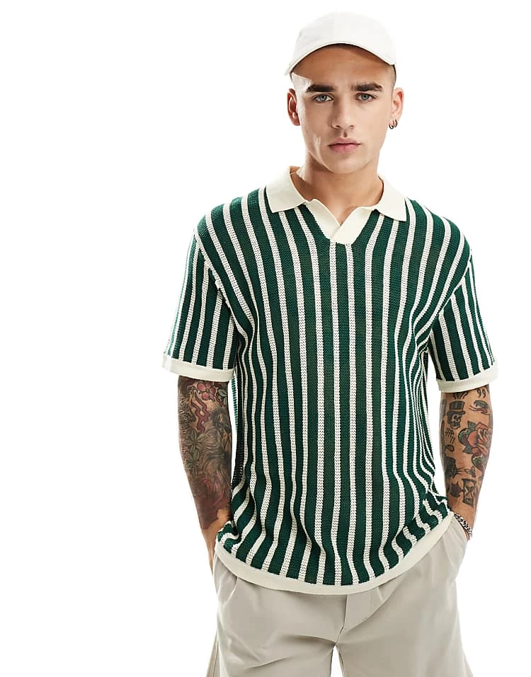 Cotton:On Cotton On Resort Short Sleeve Knit Polo In Green Stripe For Men 3 Cotton:On Cotton On Resort Short Sleeve Knit Polo In Green Stripe For Men