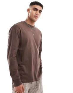 Cotton:On Cotton On Loose Fit Long Sleeve T-shirt In Washed Brown For Men Washed Chocolate