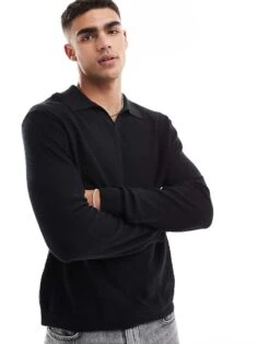 Cotton:On Cotton On Long Sleeve Knitted Polo Lightweight Jumper In Black For Men
