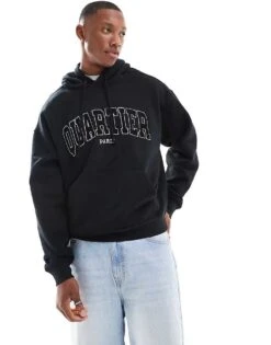 Cotton:On Cotton On Boxy Fit Pullover Hoodie In Black With Paris Graphic For Men