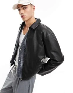 Cotton:On Cotton On Faux Leather Harrington Jacket In Vintage Black For Men