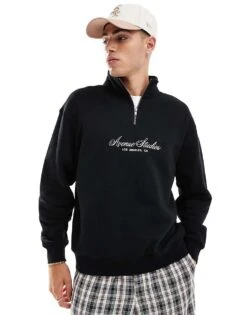 Cotton:On Cotton On Graphic Detail Quarter Zip Sweatshirt In Black For Men