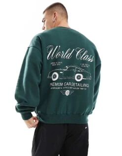 Cotton:On Cotton On Boxy Fit Sweatshirt In Green With World Class Retro Graphic For Men Pineneedle Green
