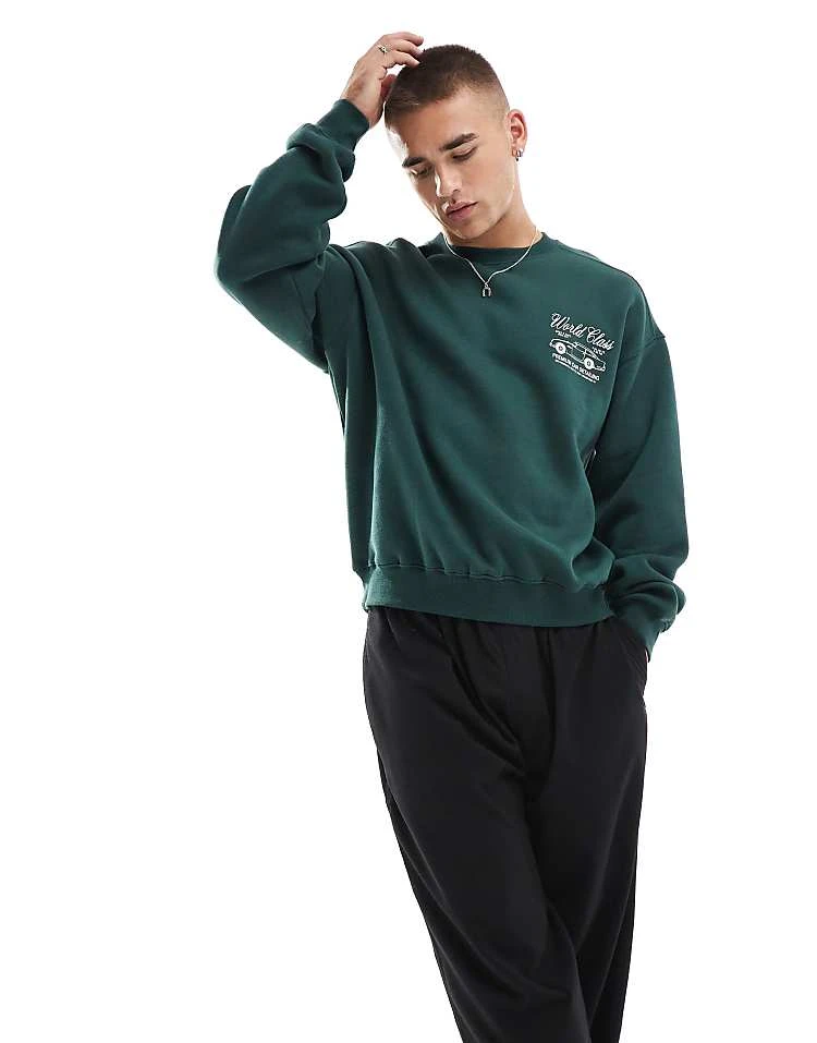 Cotton:On Cotton On Boxy Fit Sweatshirt In Green With World Class Retro Graphic For Men Pineneedle Green 4 Cotton:On Cotton On Boxy Fit Sweatshirt In Green With World Class Retro Graphic For Men Pineneedle Green - Image 2
