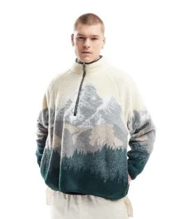Cotton:On Cotton On Boxy Quarter Zip Fleece With Mountains In Bone For Men Bone/mountains