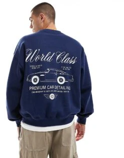 Cotton:On Cotton On Boxy Fit Sweatshirt In Navy With World Class Retro Graphic For Men Indigo