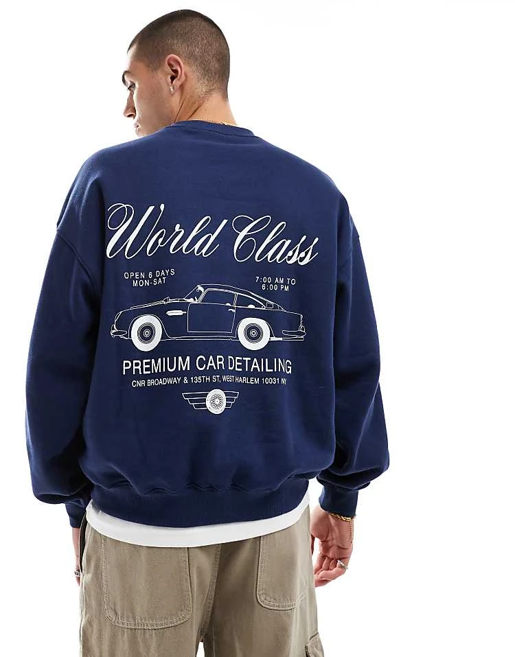 Cotton:On Cotton On Boxy Fit Sweatshirt In Navy With World Class Retro Graphic For Men Indigo 3 Cotton:On Cotton On Boxy Fit Sweatshirt In Navy With World Class Retro Graphic For Men Indigo