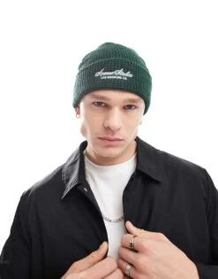 Cotton:On Cotton On Waffle Beanie With LA Graphic In Green For Men Pineneedle Green