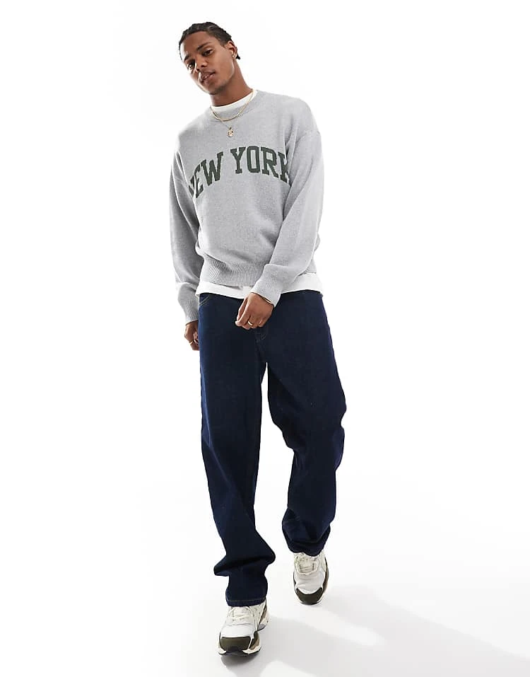 Cotton:On Cotton On Knitted Jumper In Grey With New York Graphic For Men Grey Marle 4 Cotton:On Cotton On Knitted Jumper In Grey With New York Graphic For Men Grey Marle - Image 2