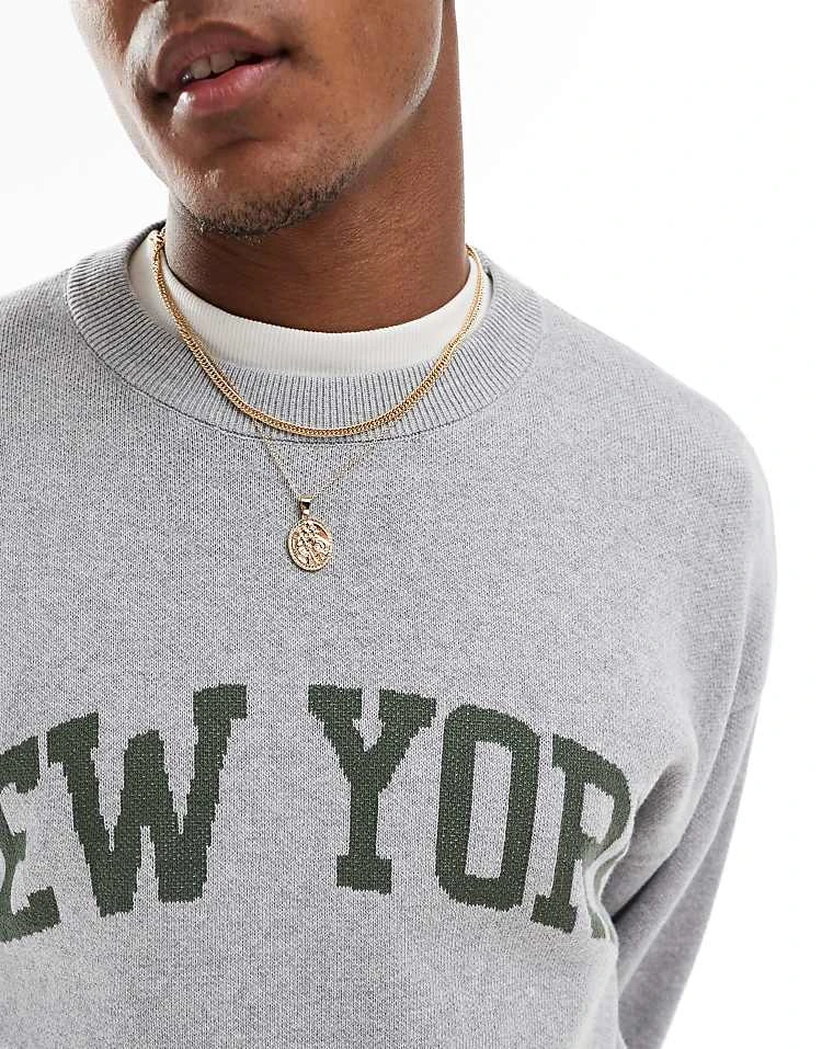 Cotton:On Cotton On Knitted Jumper In Grey With New York Graphic For Men Grey Marle 5 Cotton:On Cotton On Knitted Jumper In Grey With New York Graphic For Men Grey Marle - Image 3