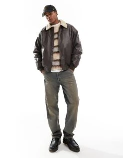 Cotton:On Cotton On Faux Leather Flight Jacket With Shearling Collar Brown For Men