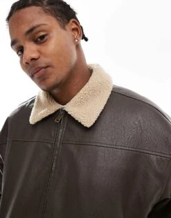 Cotton:On Cotton On Faux Leather Flight Jacket With Shearling Collar Brown For Men -Cotton:On Sales Store 207239871 3