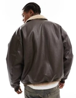 Cotton:On Cotton On Faux Leather Flight Jacket With Shearling Collar Brown For Men -Cotton:On Sales Store 207239871 4