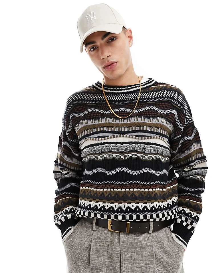 Cotton:On Cotton On Vintage Mix Knit Jumper In Black Brown For Men Black Pattern 7 Cotton:On Cotton On Vintage Mix Knit Jumper In Black Brown For Men Black Pattern - Image 5