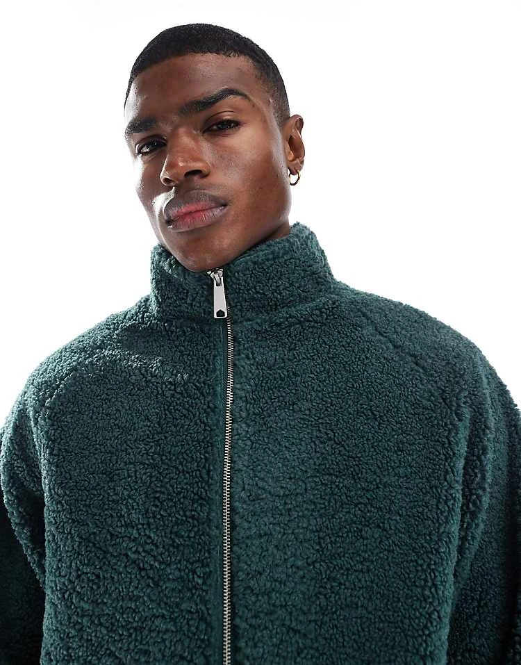 Cotton:On Teddy Zip Through Jacket In Green For Men 4 Cotton:On Teddy Zip Through Jacket In Green For Men - Image 2