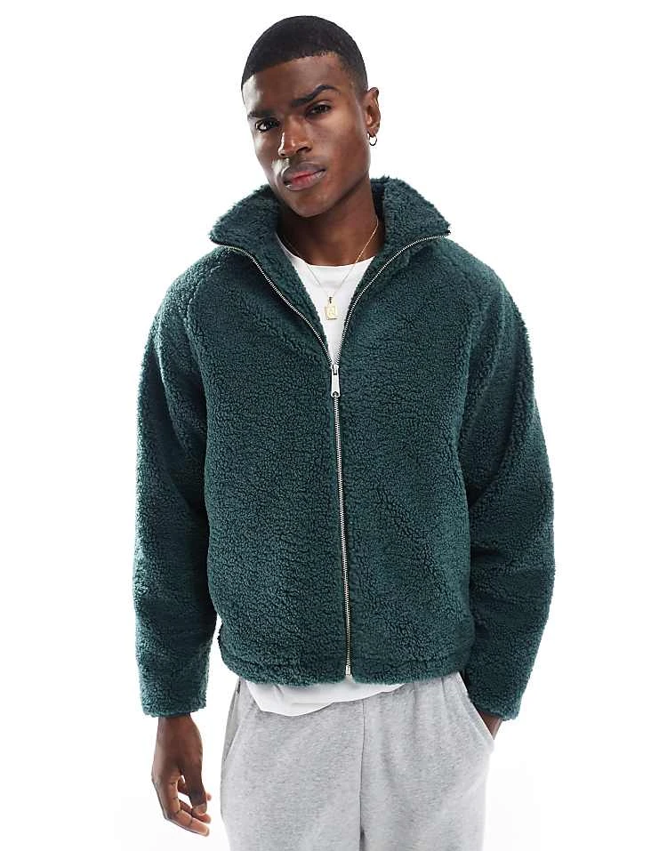 Cotton:On Teddy Zip Through Jacket In Green For Men 5 Cotton:On Teddy Zip Through Jacket In Green For Men - Image 3