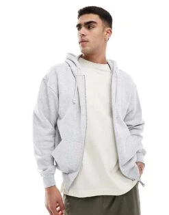 Cotton:On Cotton On Box Fit Zip Up Hoodie In Grey Marle For Men