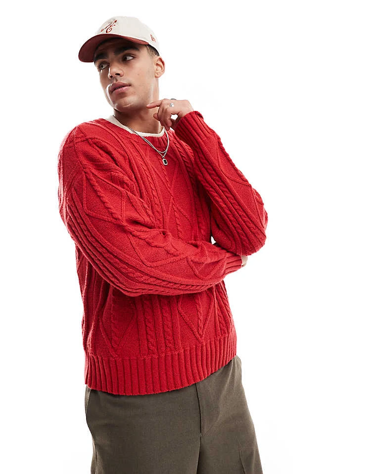 Cotton:On Cotton On Cable Knit Crew Neck In Red For Men Red Cable 3 Cotton:On Cotton On Cable Knit Crew Neck In Red For Men Red Cable