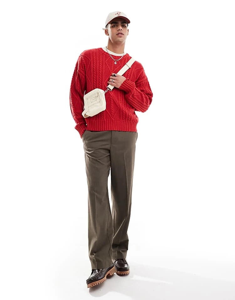 Cotton:On Cotton On Cable Knit Crew Neck In Red For Men Red Cable 4 Cotton:On Cotton On Cable Knit Crew Neck In Red For Men Red Cable - Image 2