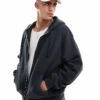 Cotton:On Cotton On Box Fit Zip Up Hoodie In Black For Men Washed Black