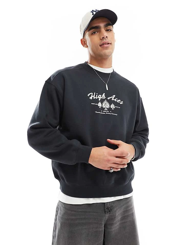 Cotton:On Cotton On Box Fit Crew Neck Sweater With High Aces Graphic In Black For Men Multi 3 Cotton:On Cotton On Box Fit Crew Neck Sweater With High Aces Graphic In Black For Men Multi