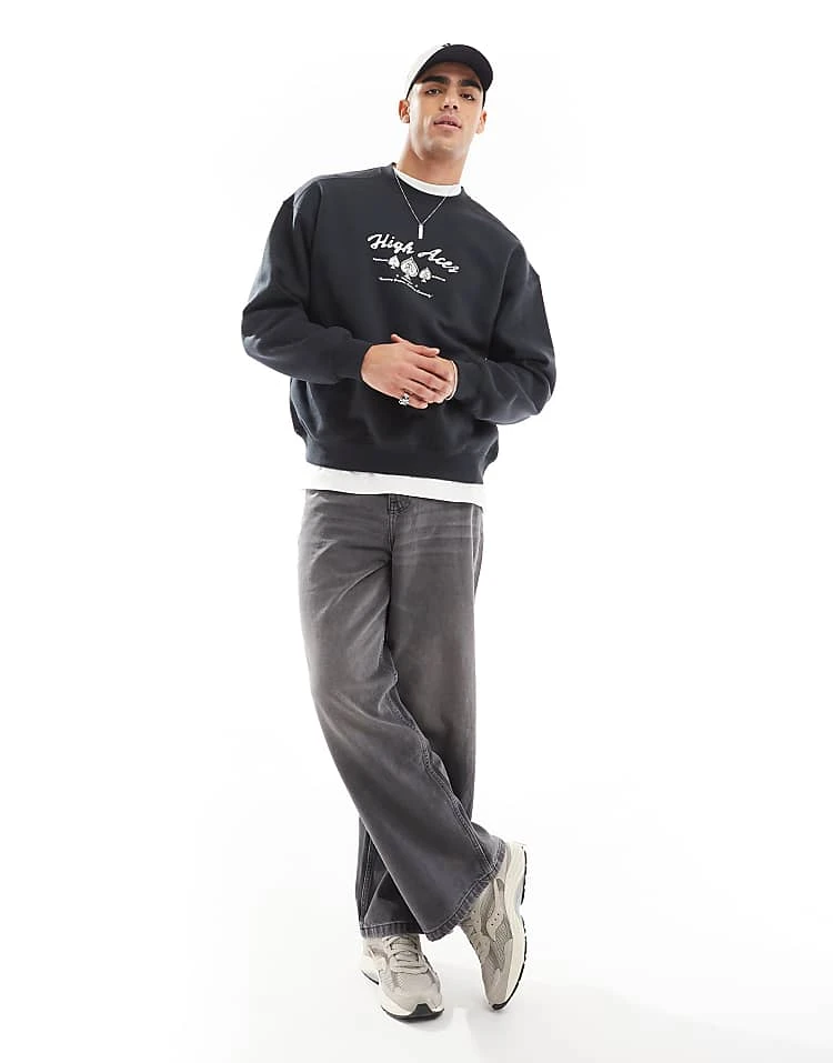 Cotton:On Cotton On Box Fit Crew Neck Sweater With High Aces Graphic In Black For Men Multi 5 Cotton:On Cotton On Box Fit Crew Neck Sweater With High Aces Graphic In Black For Men Multi - Image 3