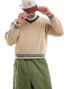 Cotton:On Cotton On V Neck Knit In Green And Cream For Men Natural Marle