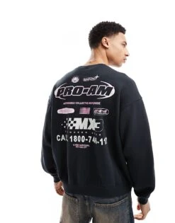 Cotton:On Box Fit Graphic Crew Sweater In Washed Black/ Pro-am For Men