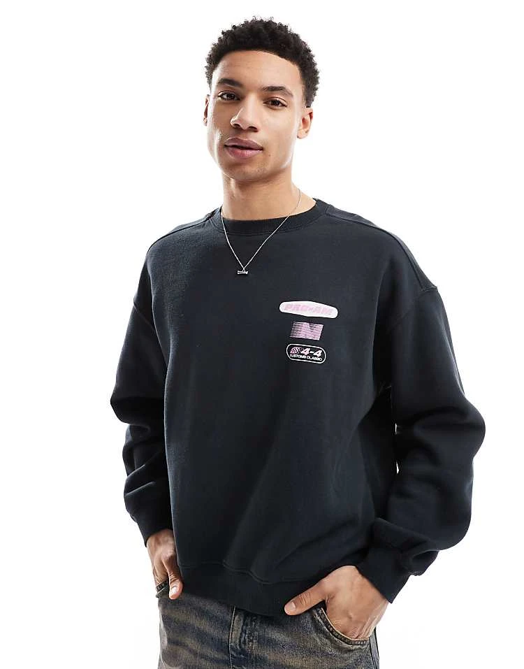 Cotton:On Box Fit Graphic Crew Sweater In Washed Black/ Pro-am For Men 4 Cotton:On Box Fit Graphic Crew Sweater In Washed Black/ Pro-am For Men - Image 2